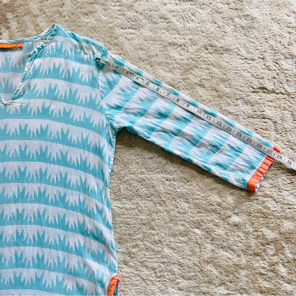 Oliphant Cotton Tunic Top Split V Neck 3/4 Sleeve White W/ Aqua Aloe Print Sz XS - Picture 6 of 13